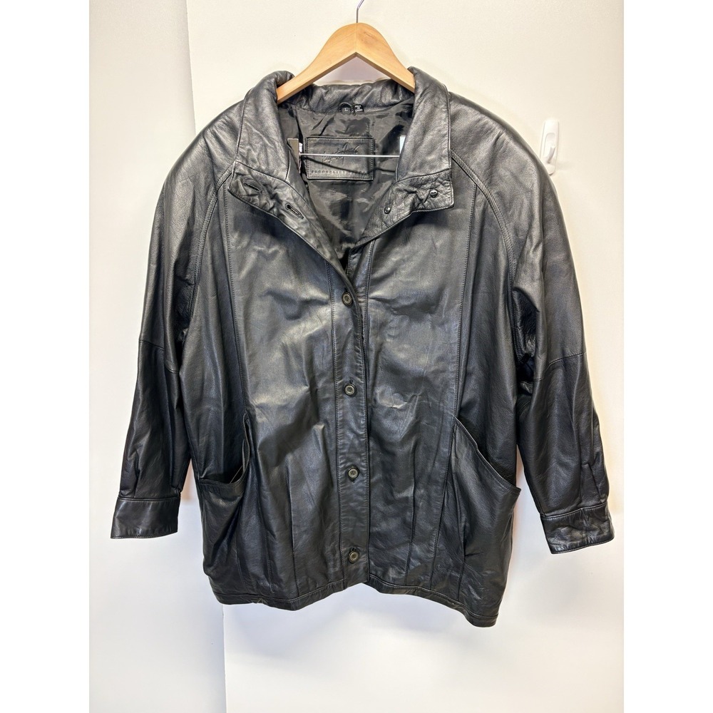 Jacqueline Ferrari Leather Jacket‎ Size Large Black Lined Full Button 90s EUC